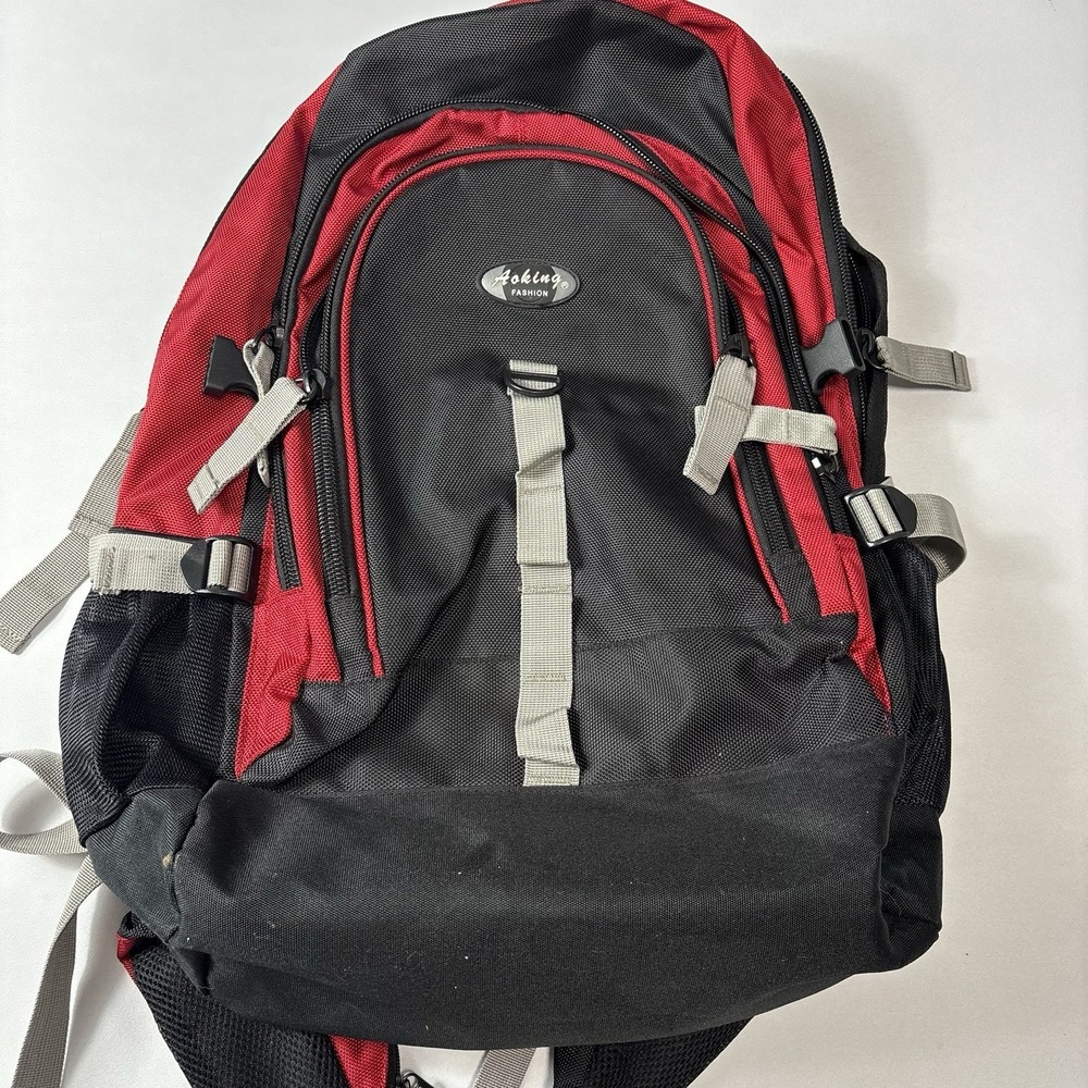 Backpack Travel School Bag Red Black Multi Pocket Hiking Casual Daypack